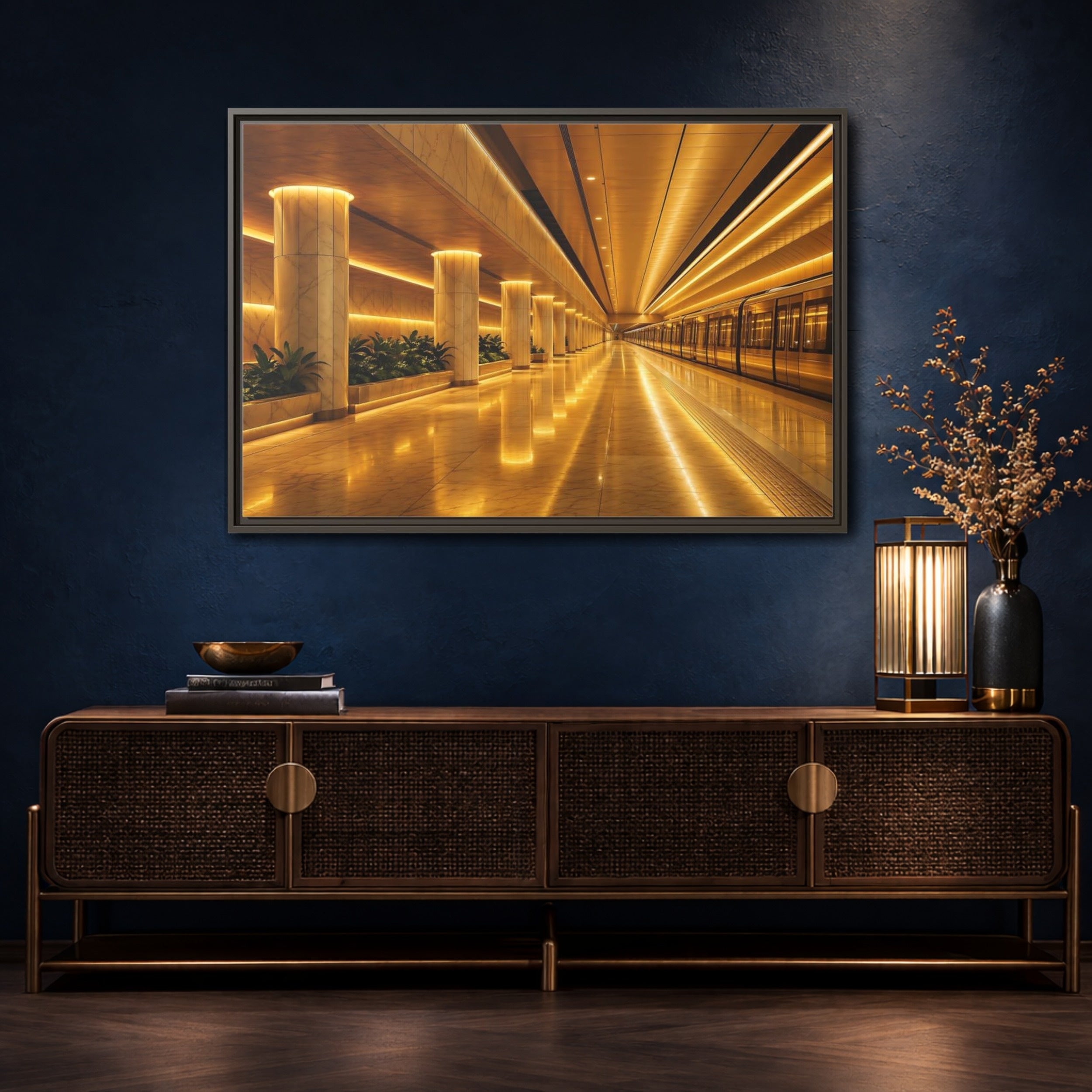 Mockup 4. Abstract Subway Station Golden Subway shown as stretched canvas wall art