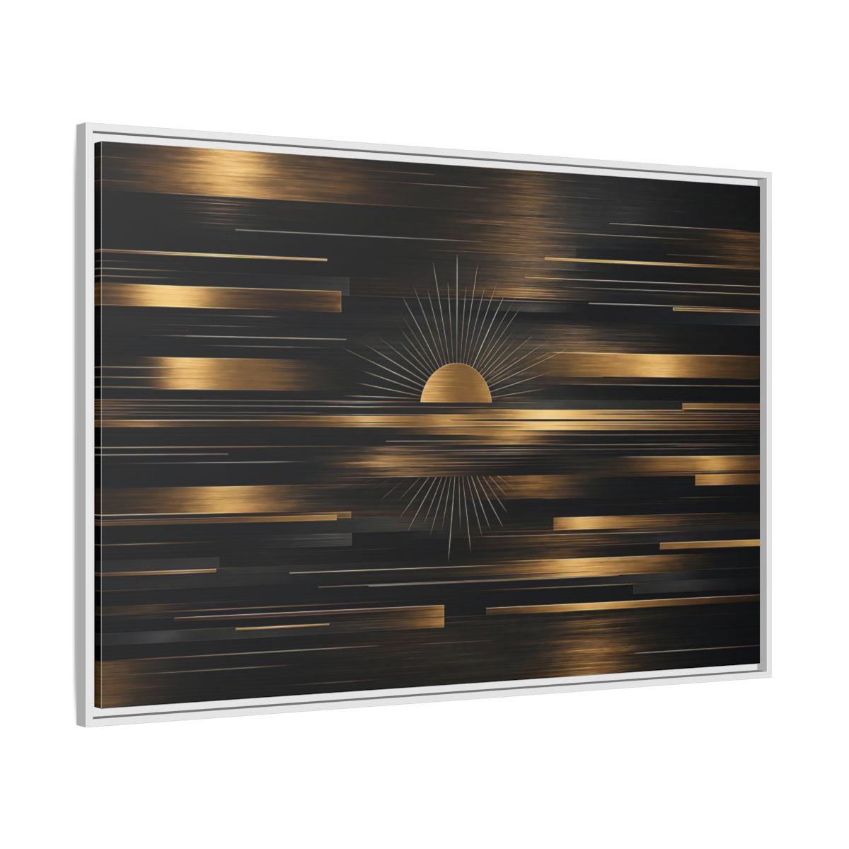 Side Mockup 7. Abstract Sunburst Black And Gold shown as stretched canvas wall art