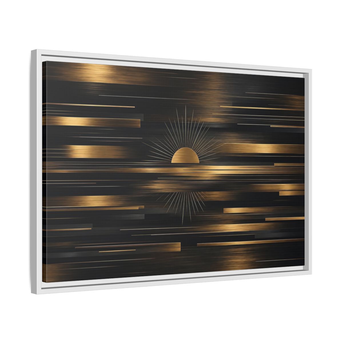 Side Mockup 10. Abstract Sunburst Black And Gold shown as stretched canvas wall art