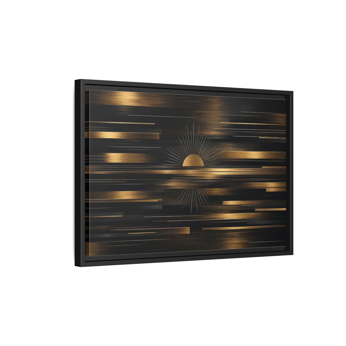 Side Mockup 3. Abstract Sunburst Black And Gold shown as stretched canvas wall art