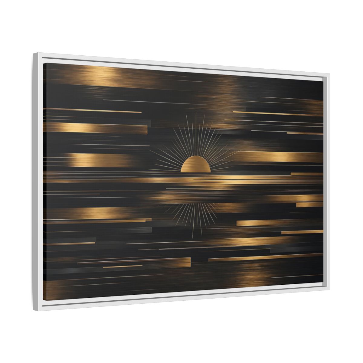 Side Mockup 9. Abstract Sunburst Black And Gold shown as stretched canvas wall art