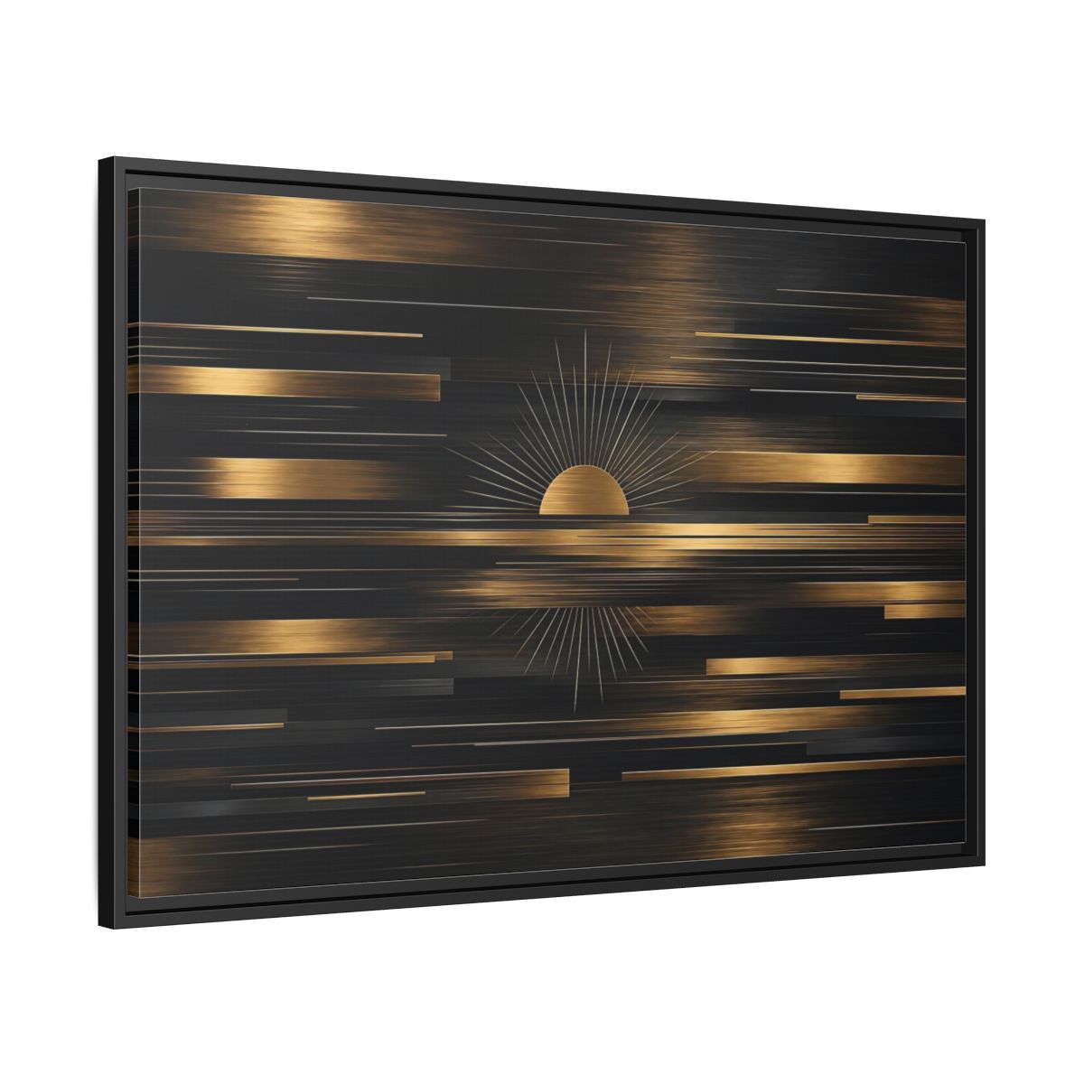Side Mockup 13. Abstract Sunburst Black And Gold shown as stretched canvas wall art