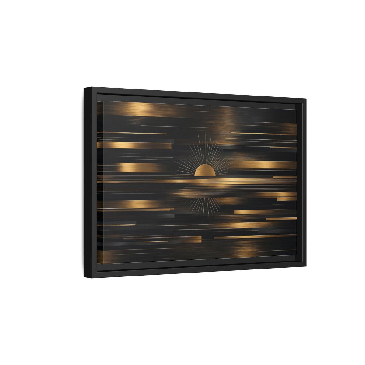 Side Mockup 6. Abstract Sunburst Black And Gold shown as stretched canvas wall art