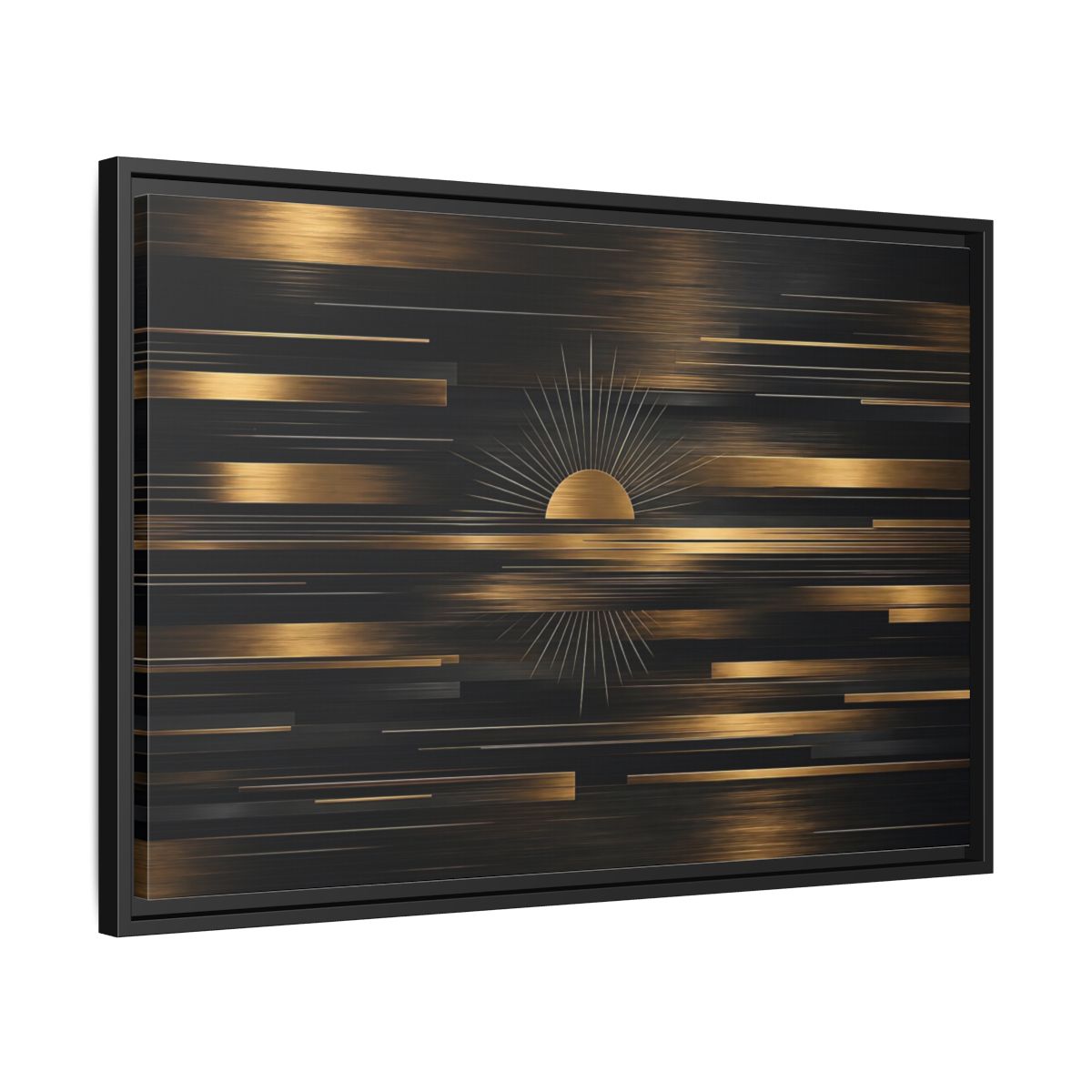 Side Mockup 14. Abstract Sunburst Black And Gold shown as stretched canvas wall art