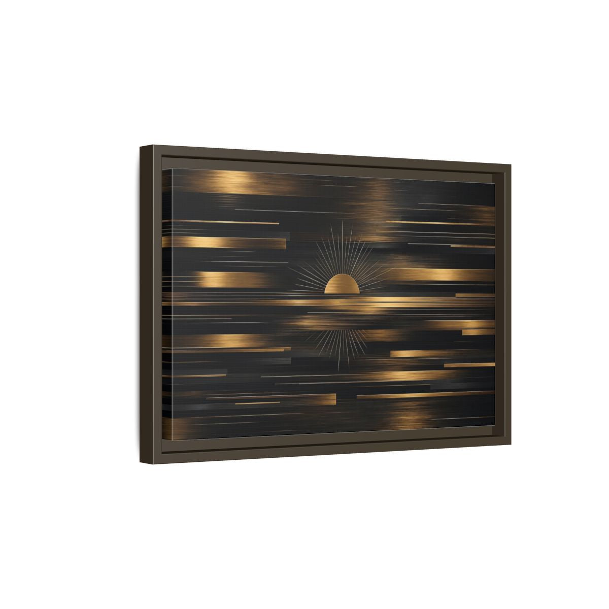 Side Mockup 5. Abstract Sunburst Black And Gold shown as stretched canvas wall art