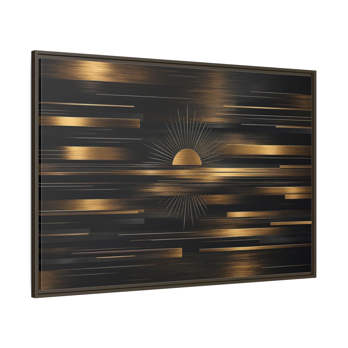 Side Mockup 8. Abstract Sunburst Black And Gold shown as stretched canvas wall art
