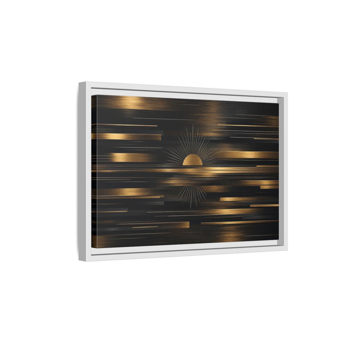 Side Mockup 4. Abstract Sunburst Black And Gold shown as stretched canvas wall art