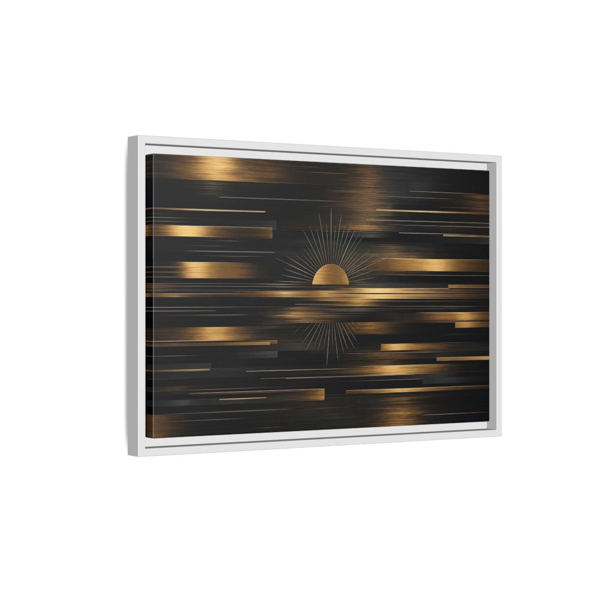 Side Mockup 1. Abstract Sunburst Black And Gold shown as stretched canvas wall art