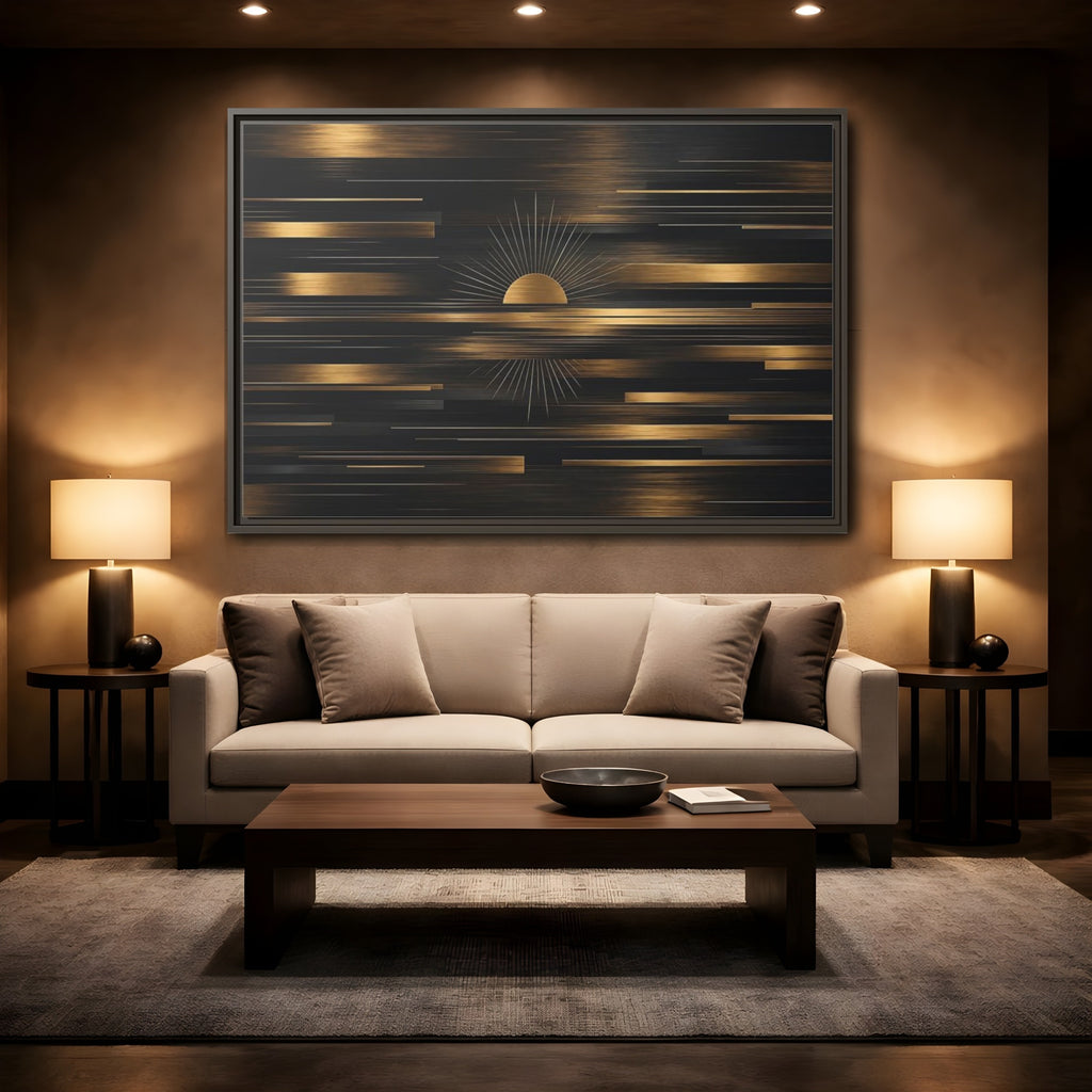 Mockup 2. Abstract Sunburst Black And Gold shown as stretched canvas wall art