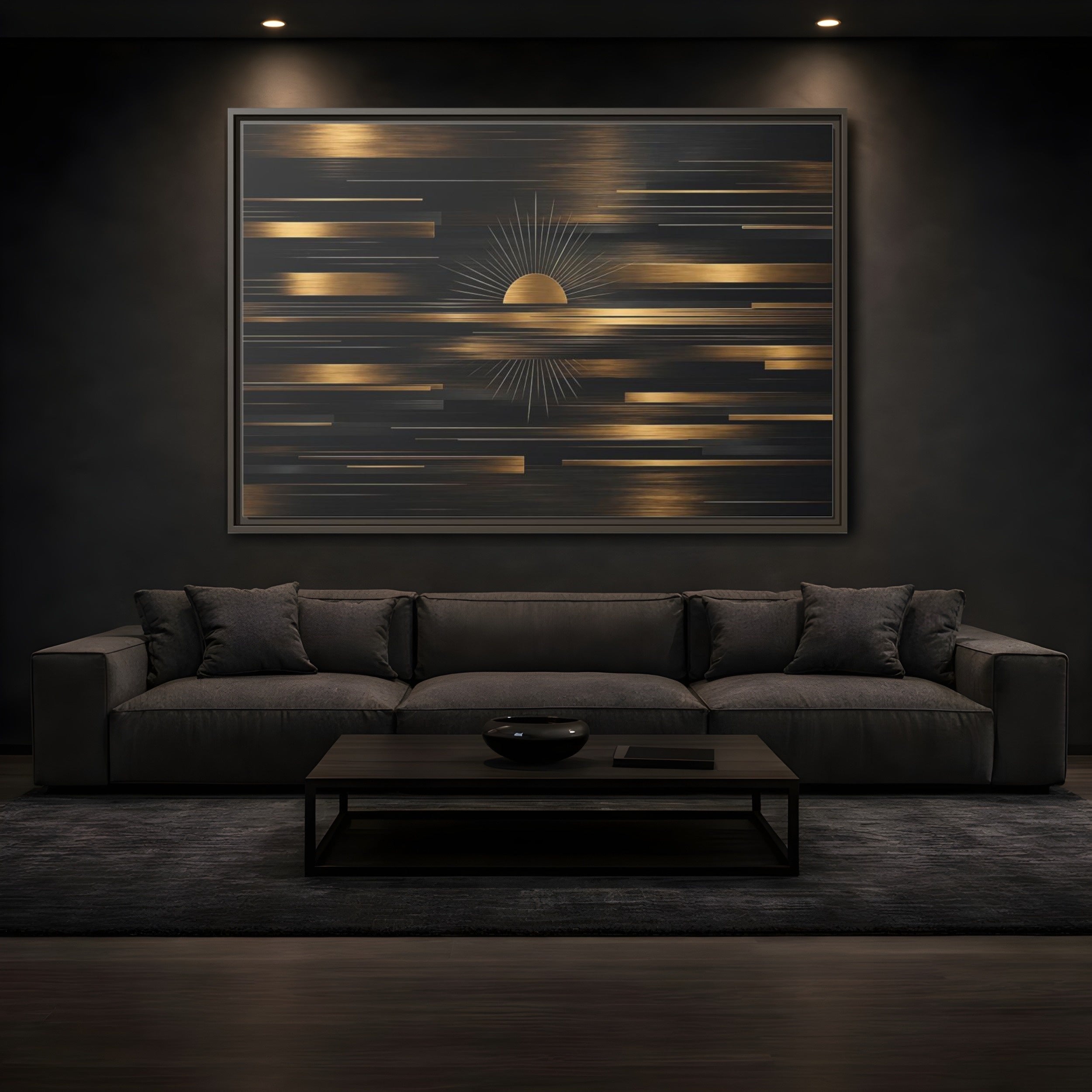Mockup 3. Abstract Sunburst Black And Gold shown as stretched canvas wall art