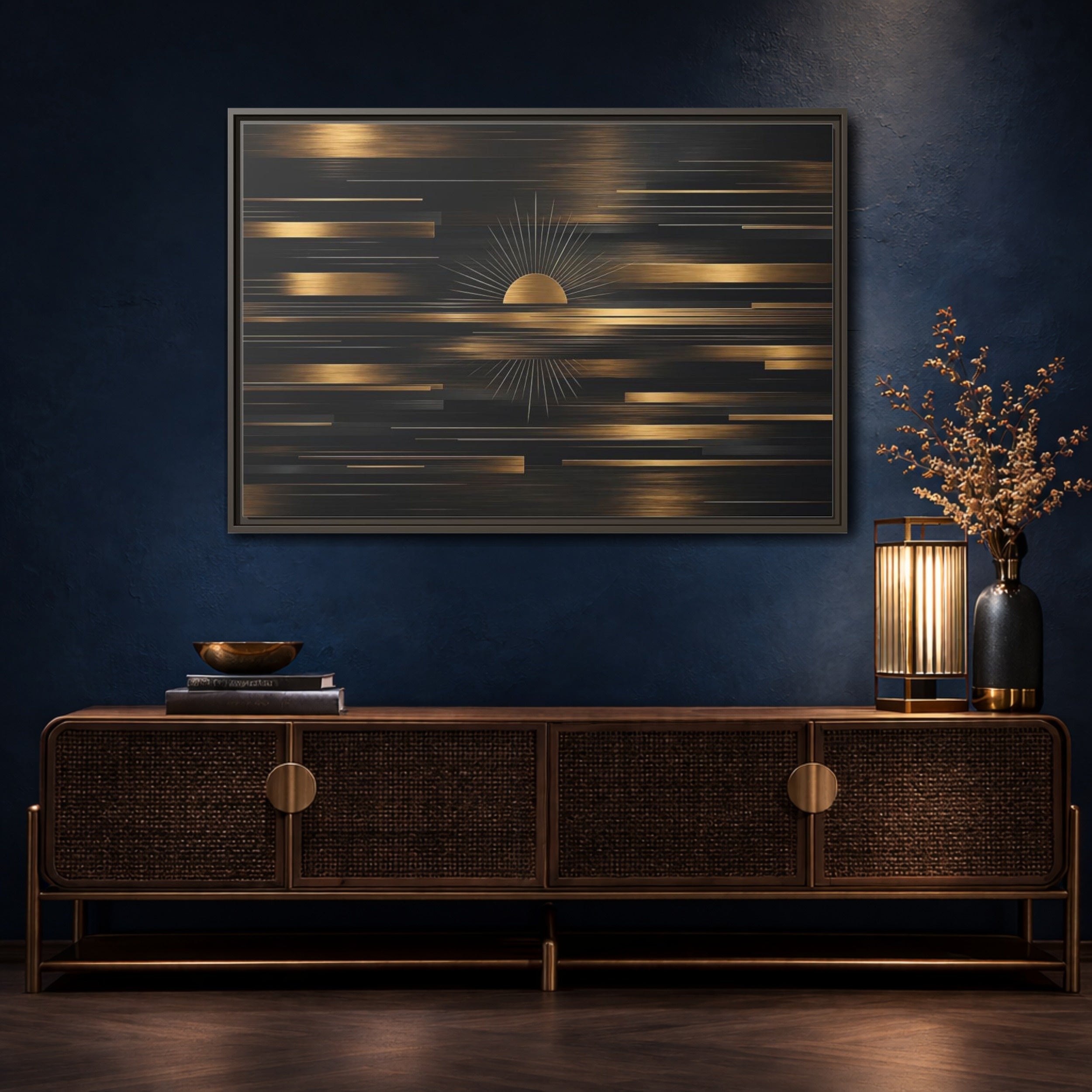 Mockup 4. Abstract Sunburst Black And Gold shown as stretched canvas wall art