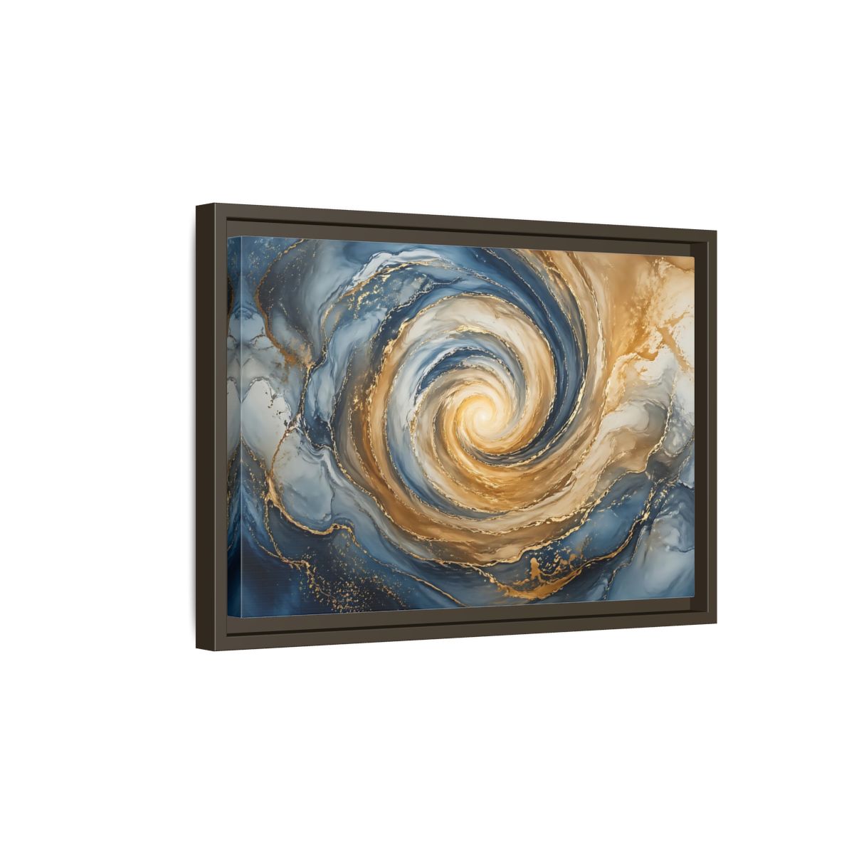 Side Mockup 5. Abstract Abstract Swirl Blue Gold Swirl shown as stretched canvas wall art