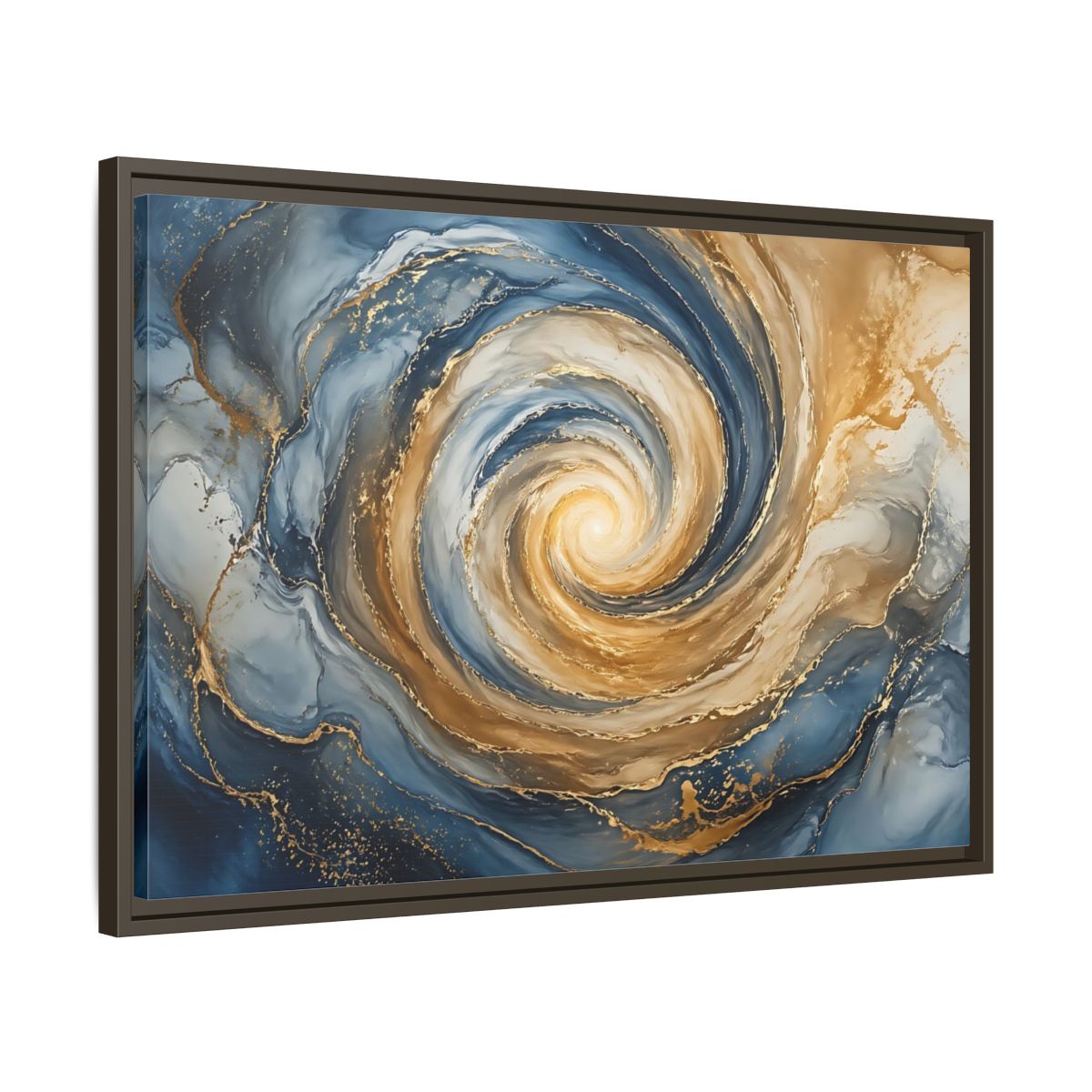 Side Mockup 11. Abstract Abstract Swirl Blue Gold Swirl shown as stretched canvas wall art