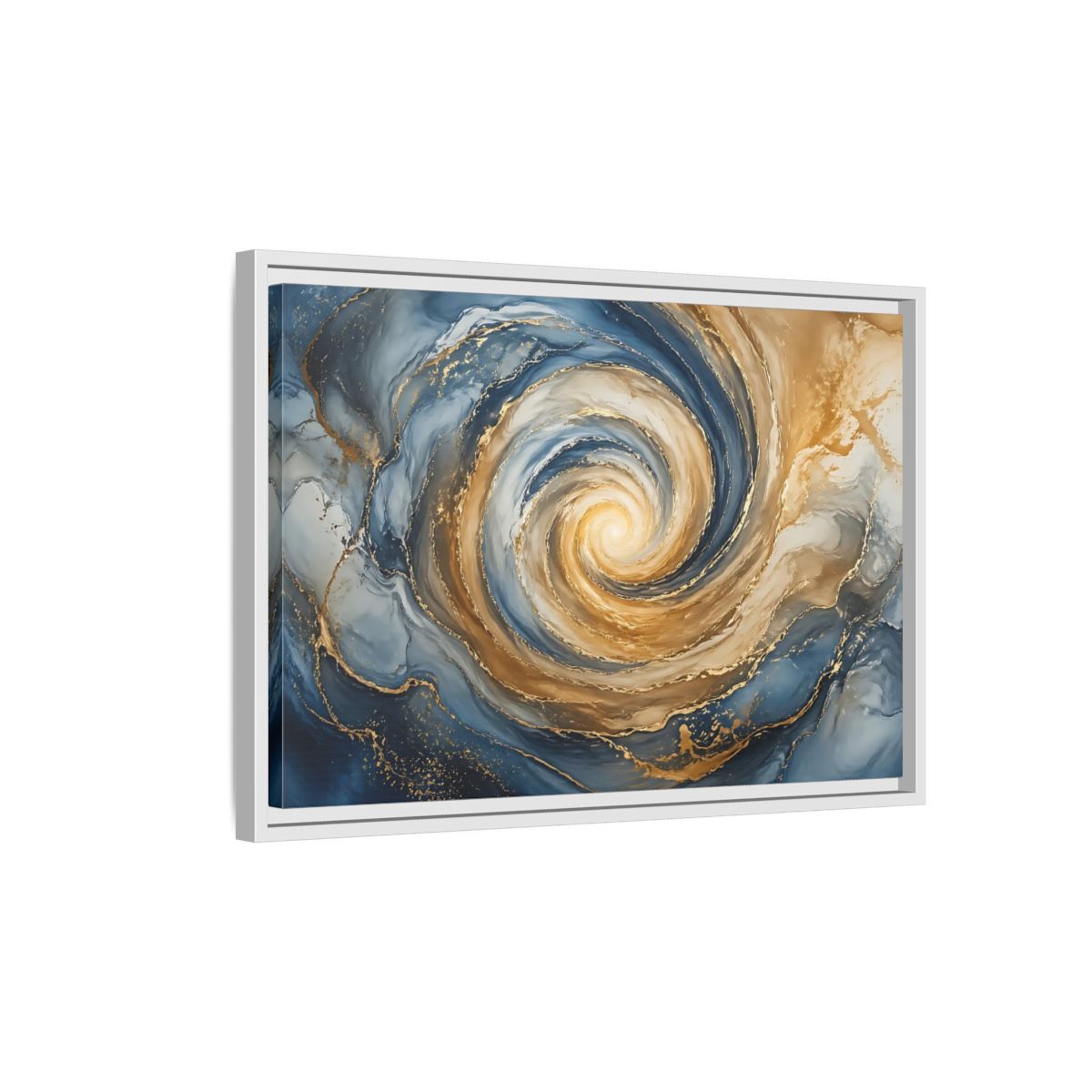 Side Mockup 1. Abstract Abstract Swirl Blue Gold Swirl shown as stretched canvas wall art