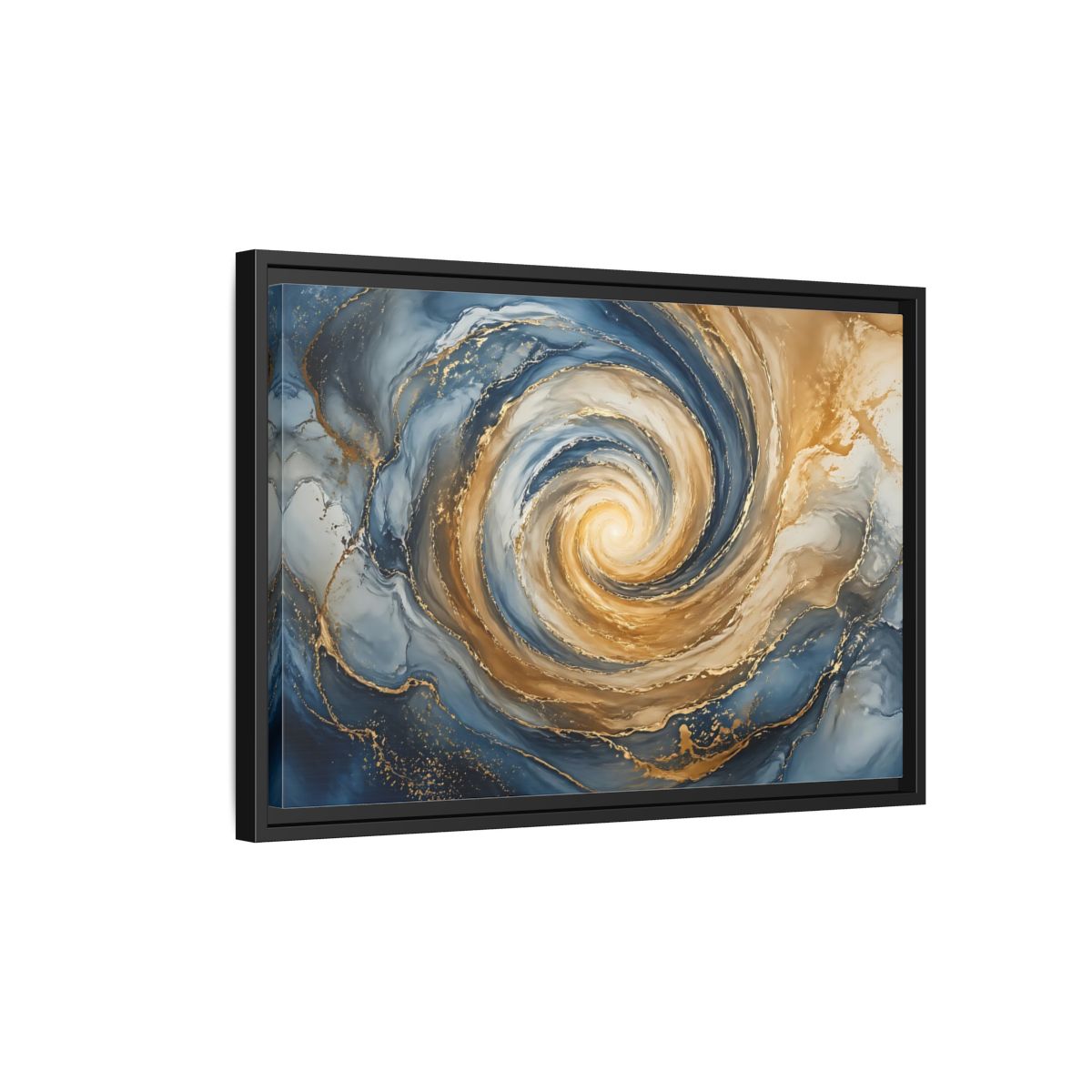 Side Mockup 3. Abstract Abstract Swirl Blue Gold Swirl shown as stretched canvas wall art