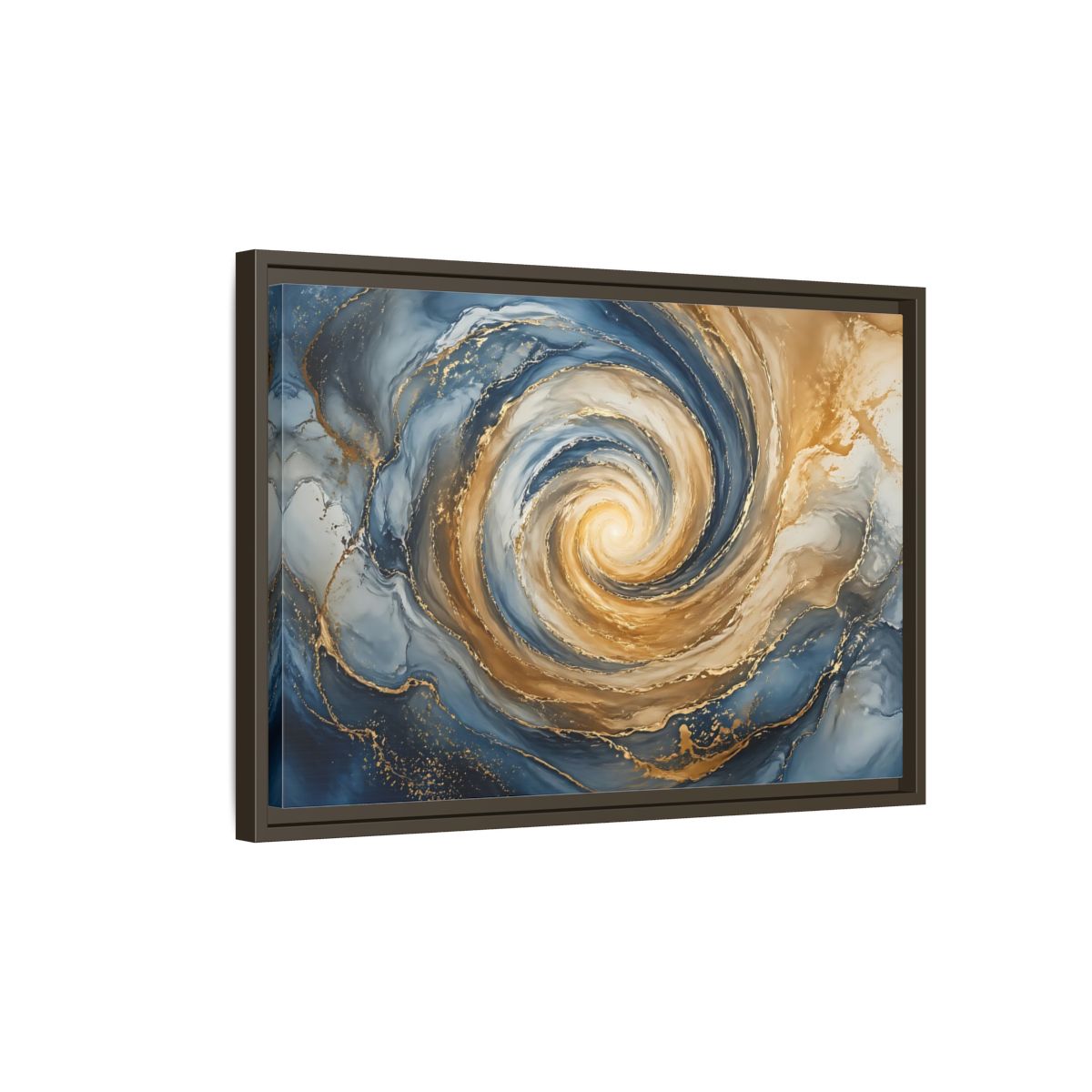 Side Mockup 2. Abstract Abstract Swirl Blue Gold Swirl shown as stretched canvas wall art