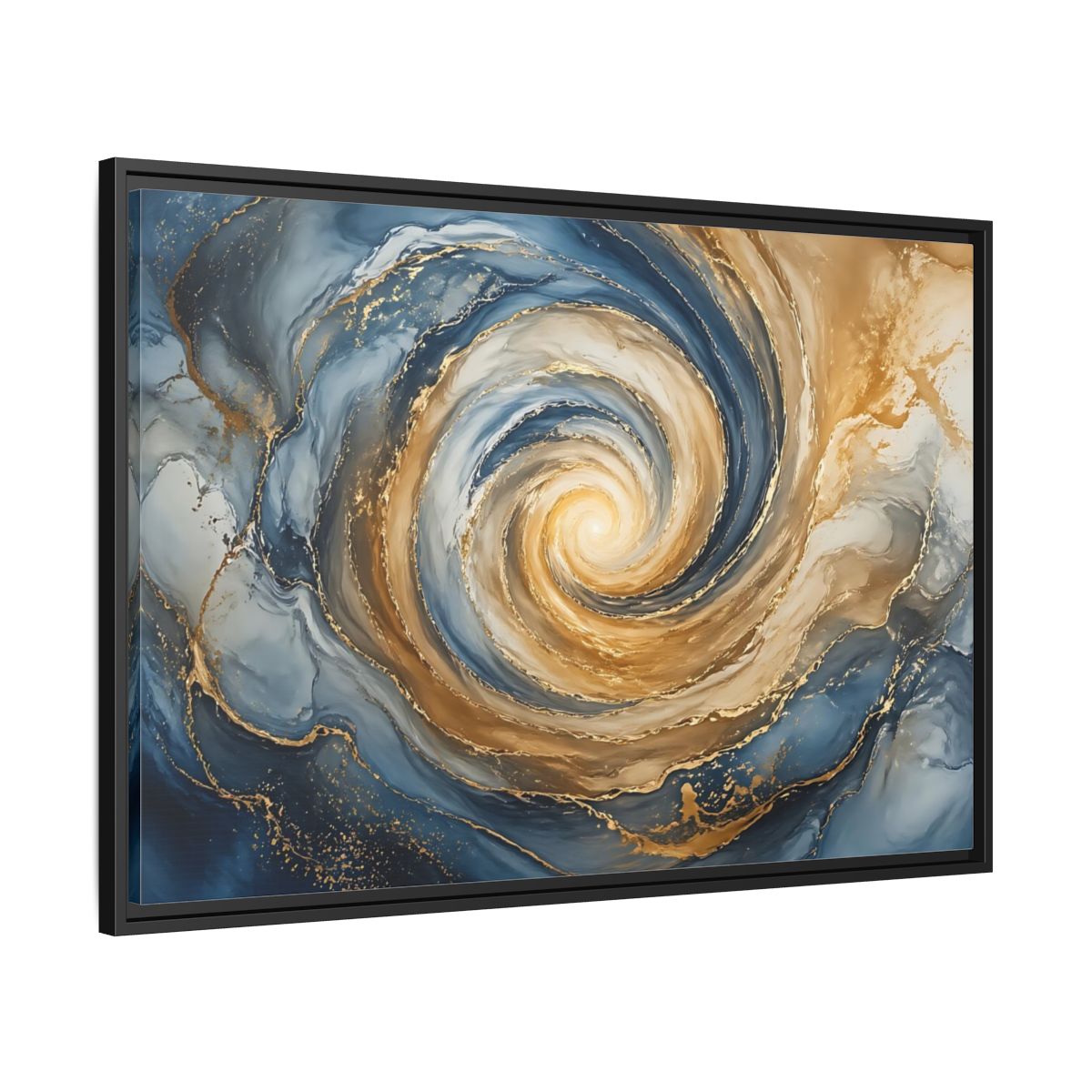 Side Mockup 13. Abstract Abstract Swirl Blue Gold Swirl shown as stretched canvas wall art