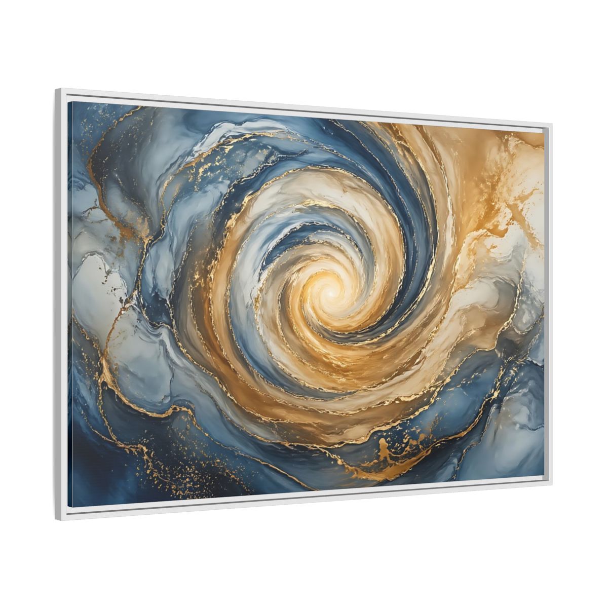 Side Mockup 7. Abstract Abstract Swirl Blue Gold Swirl shown as stretched canvas wall art