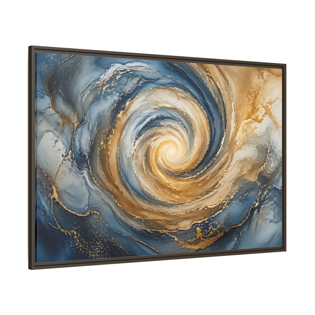 Side Mockup 8. Abstract Abstract Swirl Blue Gold Swirl shown as stretched canvas wall art