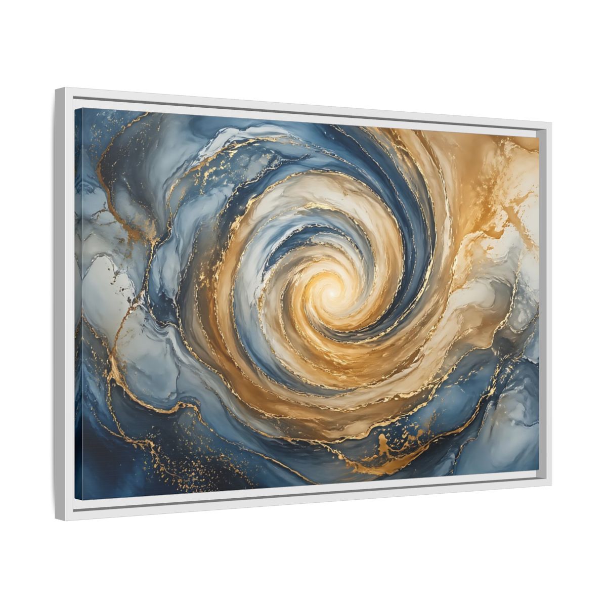 Side Mockup 10. Abstract Abstract Swirl Blue Gold Swirl shown as stretched canvas wall art