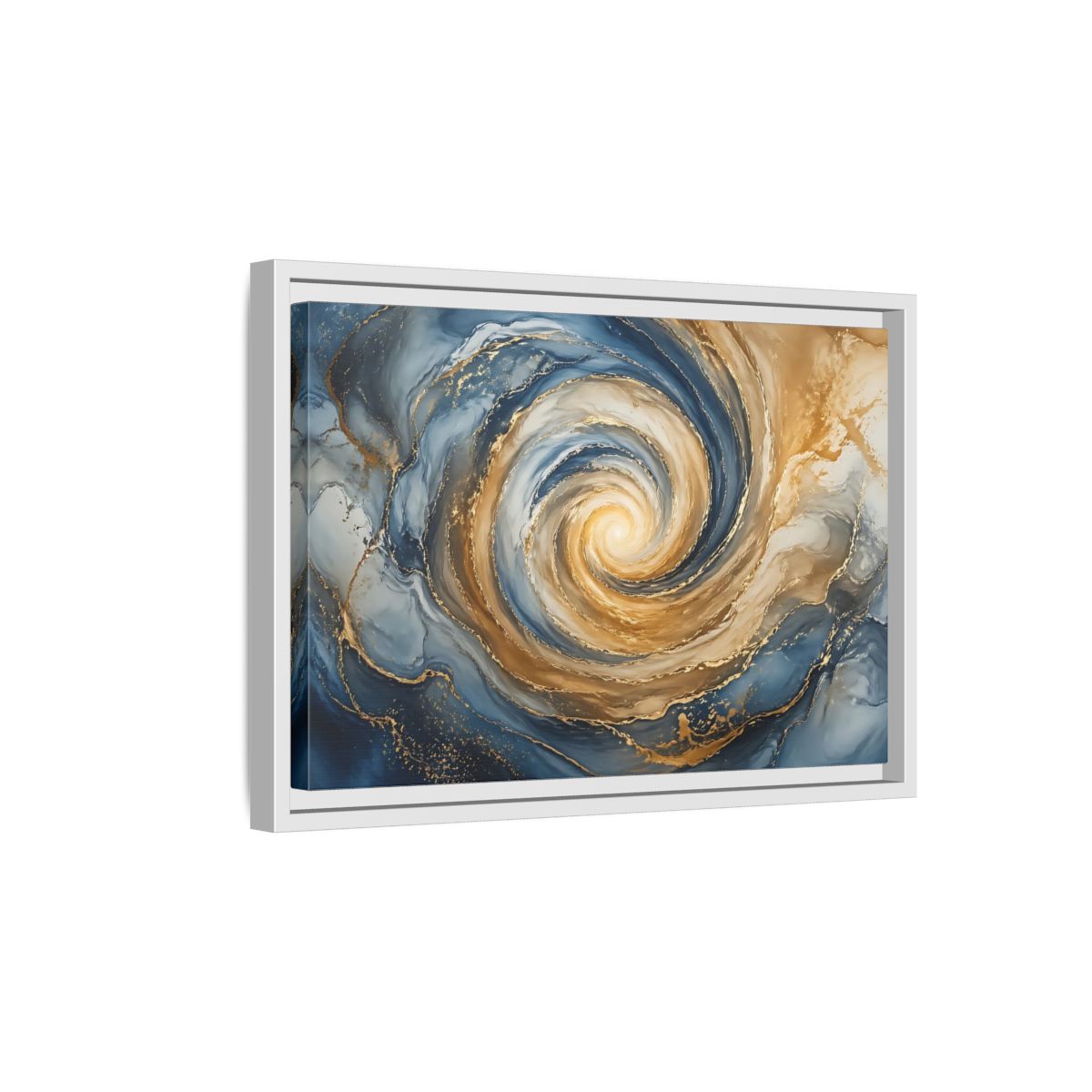 Side Mockup 4. Abstract Abstract Swirl Blue Gold Swirl shown as stretched canvas wall art
