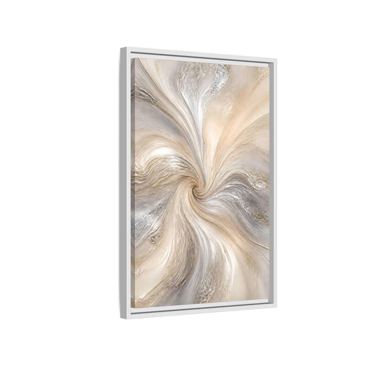 Side Mockup 1. Abstract Abstract Swirl Cream Gray Abstract shown as stretched canvas wall art