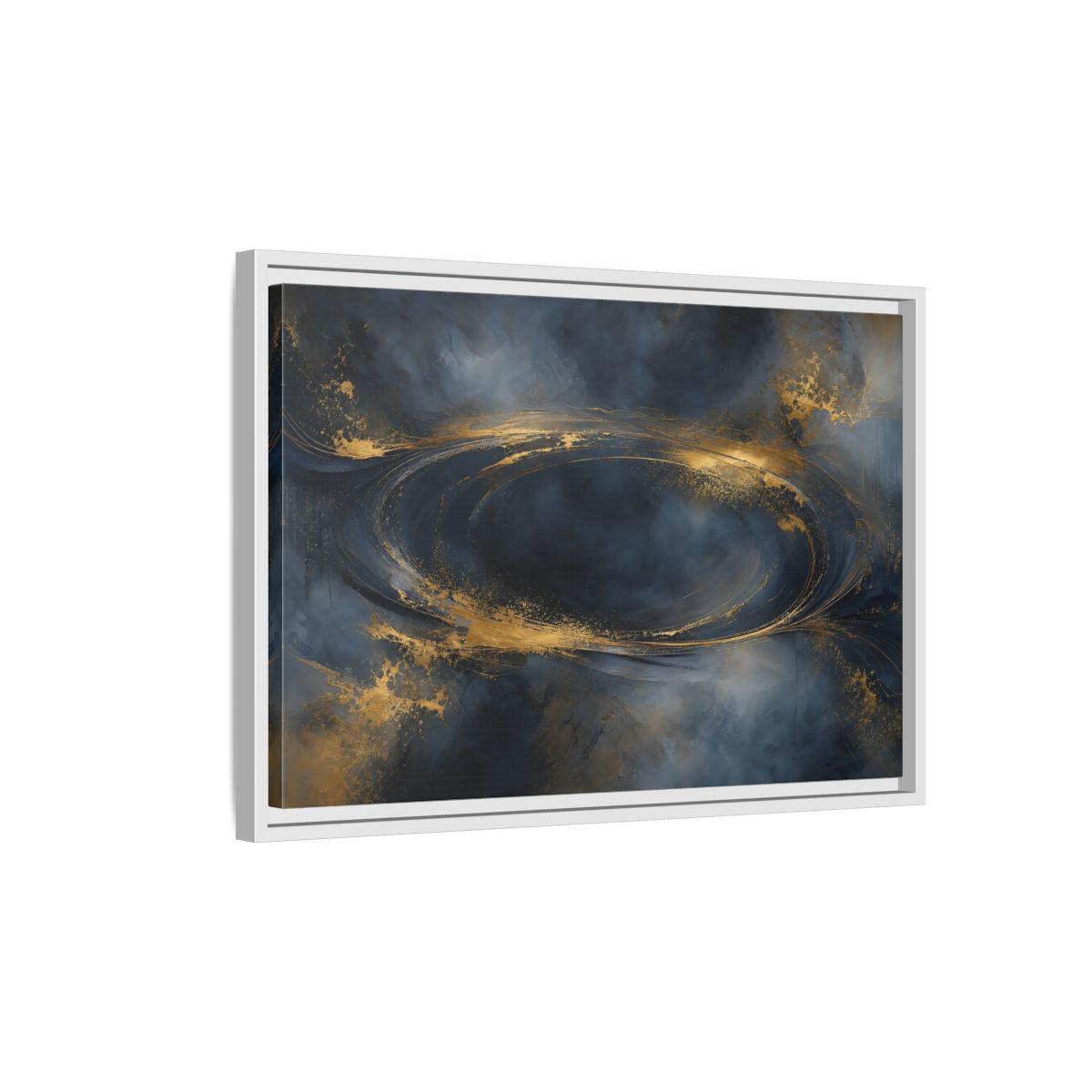 Side Mockup 1. Abstract Abstract Swirl Dark Blue Gold shown as stretched canvas wall art