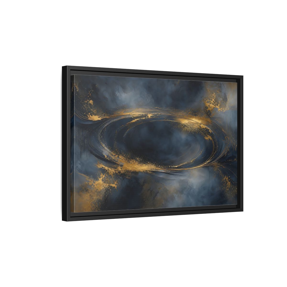 Side Mockup 3. Abstract Abstract Swirl Dark Blue Gold shown as stretched canvas wall art