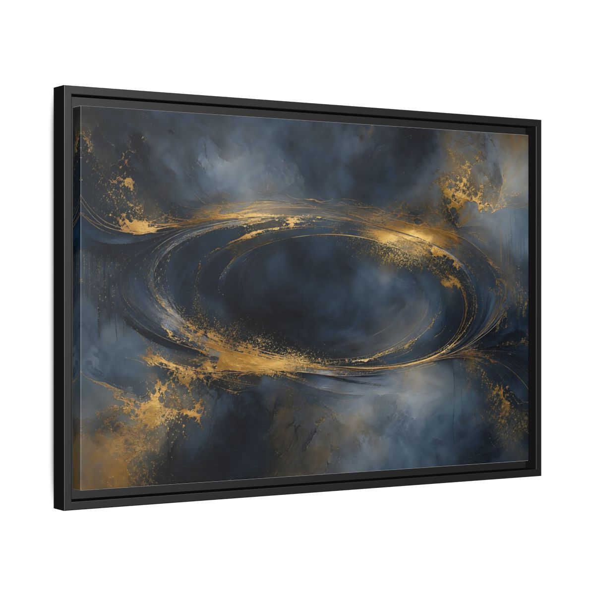 Side Mockup 14. Abstract Abstract Swirl Dark Blue Gold shown as stretched canvas wall art