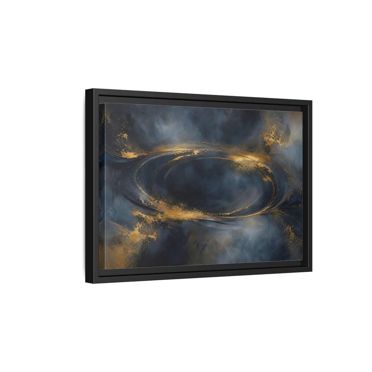 Side Mockup 6. Abstract Abstract Swirl Dark Blue Gold shown as stretched canvas wall art