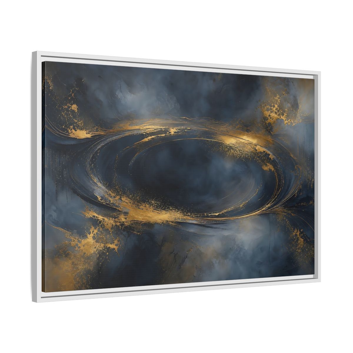 Side Mockup 9. Abstract Abstract Swirl Dark Blue Gold shown as stretched canvas wall art