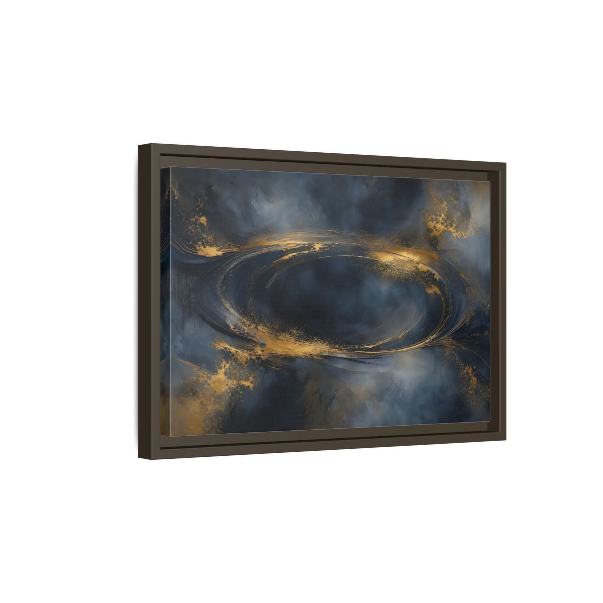 Side Mockup 5. Abstract Abstract Swirl Dark Blue Gold shown as stretched canvas wall art