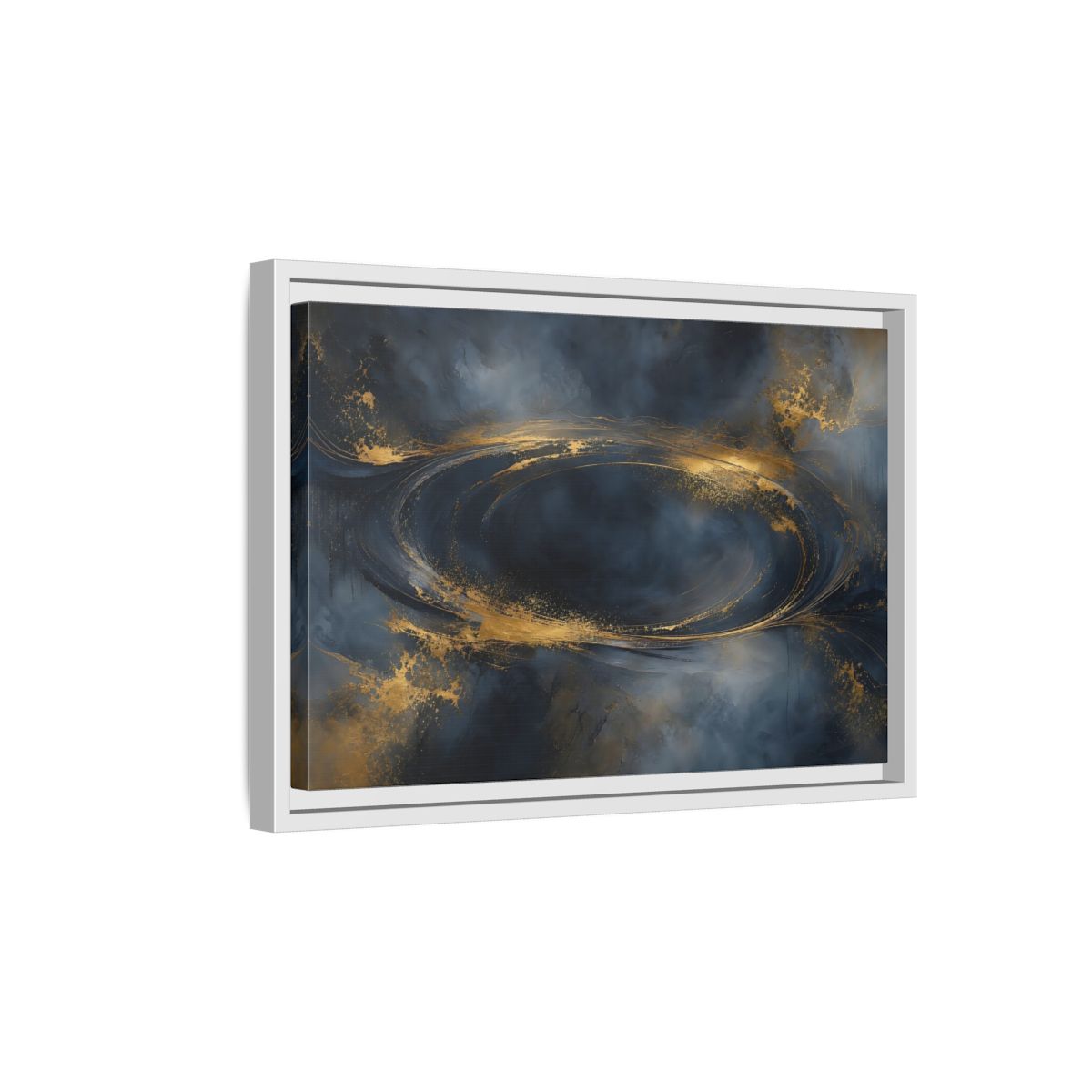 Side Mockup 4. Abstract Abstract Swirl Dark Blue Gold shown as stretched canvas wall art