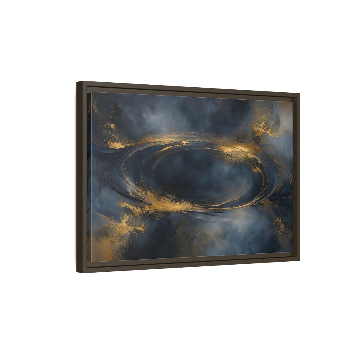 Side Mockup 2. Abstract Abstract Swirl Dark Blue Gold shown as stretched canvas wall art