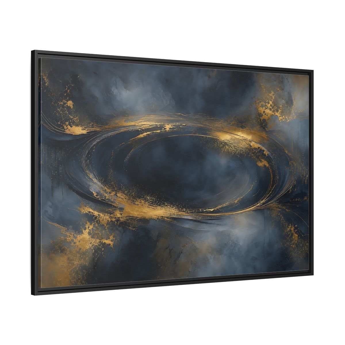 Side Mockup 12. Abstract Abstract Swirl Dark Blue Gold shown as stretched canvas wall art