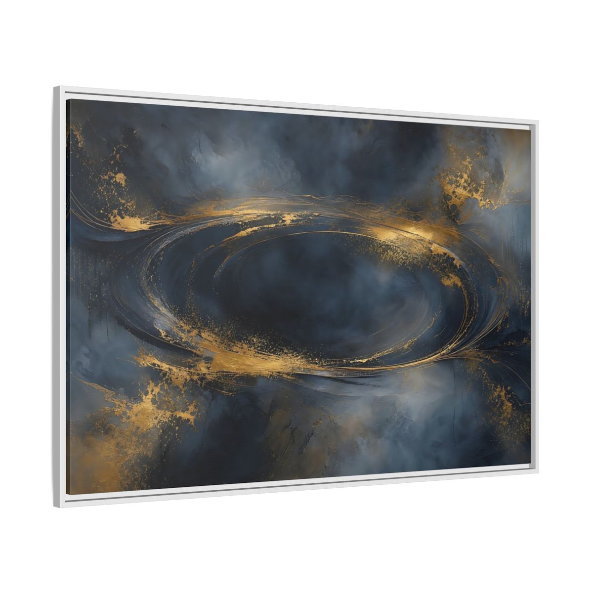 Side Mockup 7. Abstract Abstract Swirl Dark Blue Gold shown as stretched canvas wall art