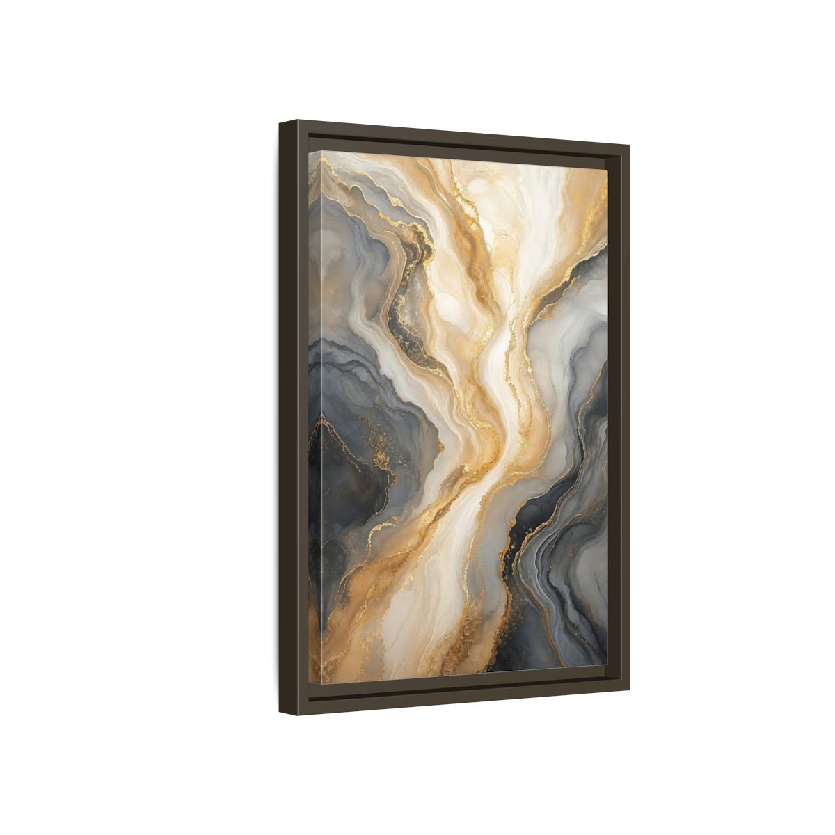 Side Mockup 5. Abstract Abstract Swirl Gray Gold Marble shown as stretched canvas wall art