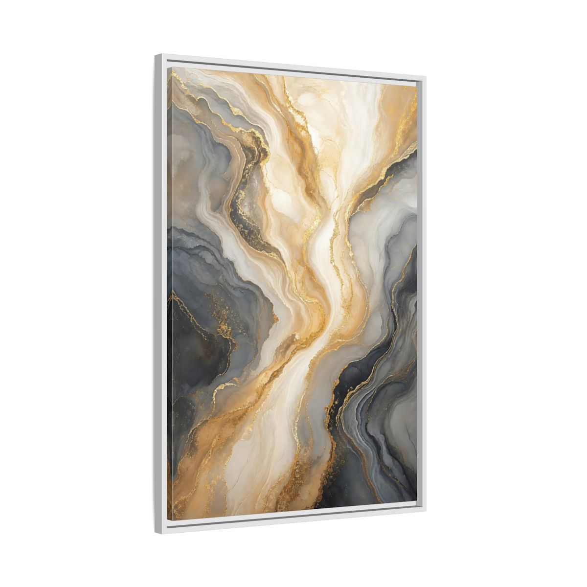 Side Mockup 9. Abstract Abstract Swirl Gray Gold Marble shown as stretched canvas wall art