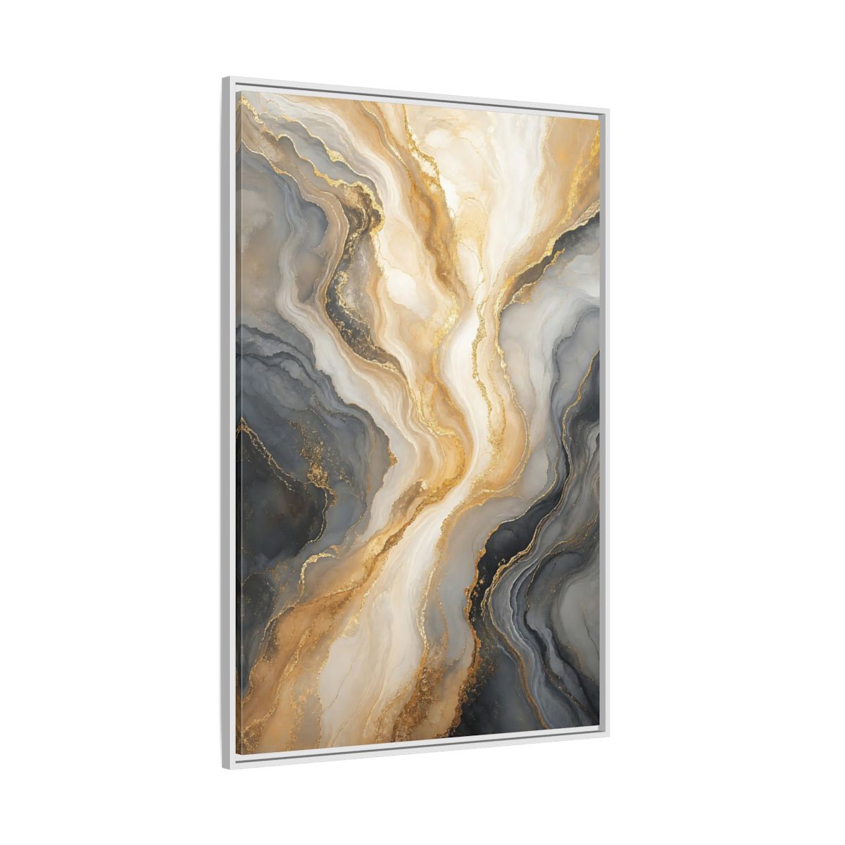 Side Mockup 7. Abstract Abstract Swirl Gray Gold Marble shown as stretched canvas wall art