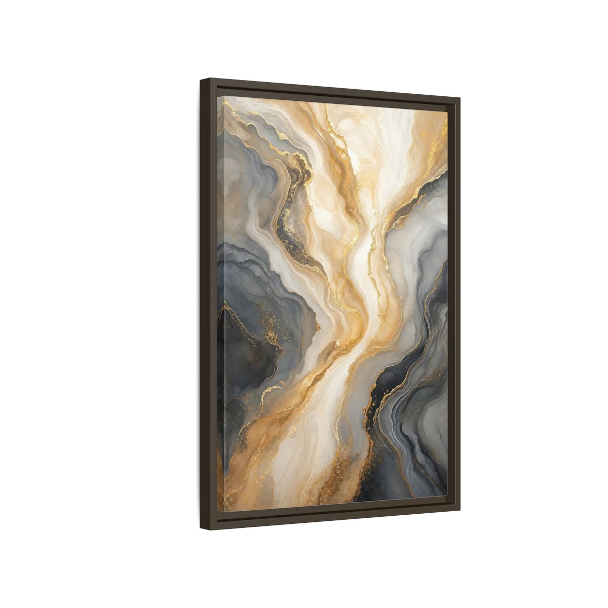 Side Mockup 2. Abstract Abstract Swirl Gray Gold Marble shown as stretched canvas wall art