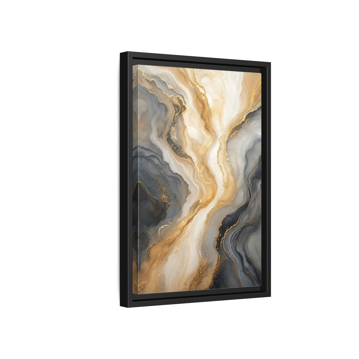 Side Mockup 6. Abstract Abstract Swirl Gray Gold Marble shown as stretched canvas wall art