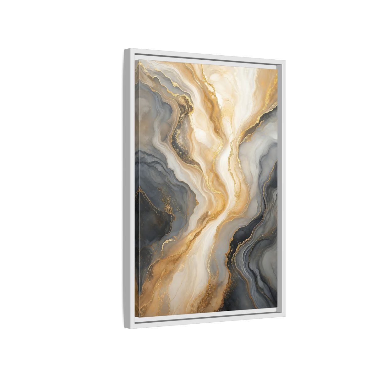 Side Mockup 1. Abstract Abstract Swirl Gray Gold Marble shown as stretched canvas wall art