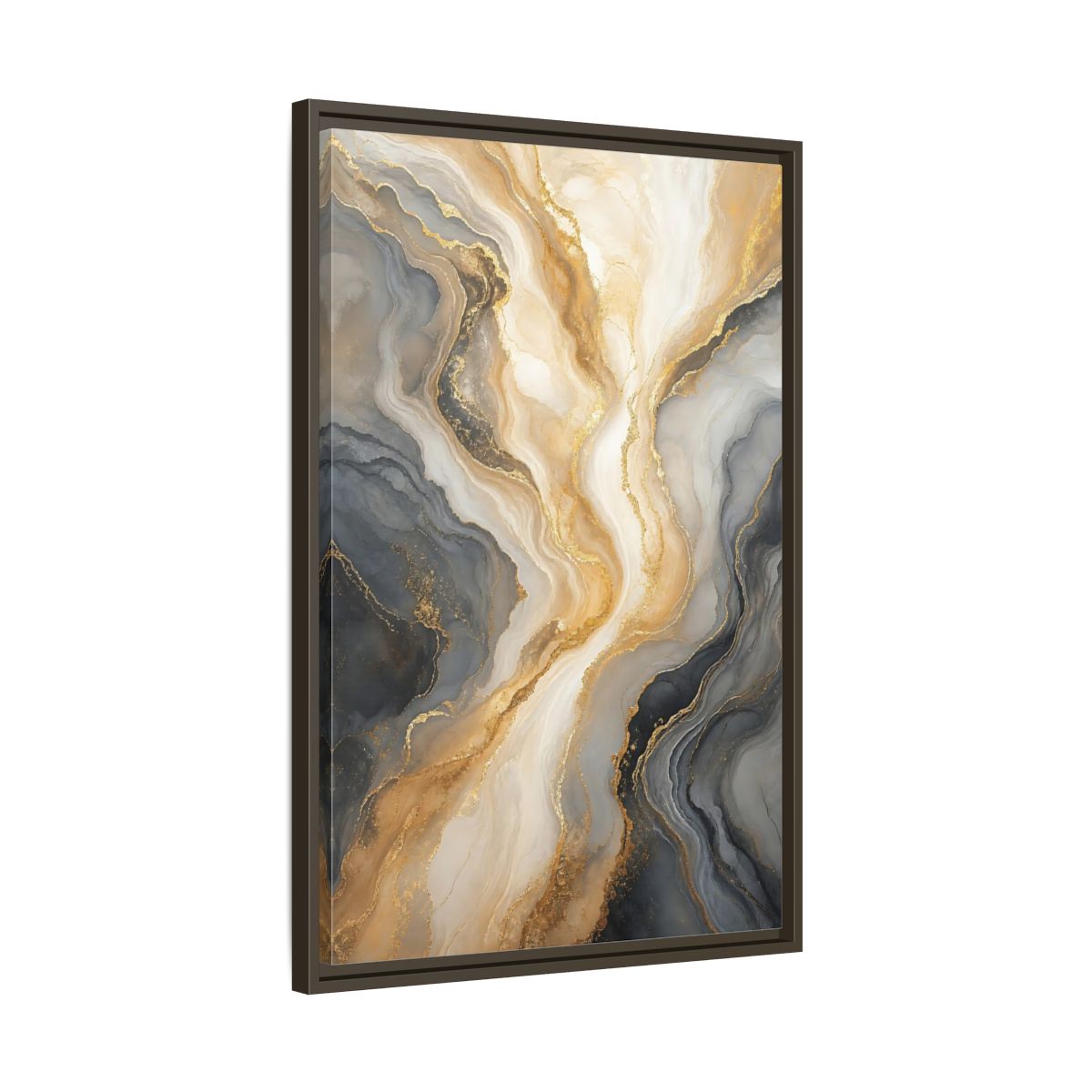 Side Mockup 11. Abstract Abstract Swirl Gray Gold Marble shown as stretched canvas wall art