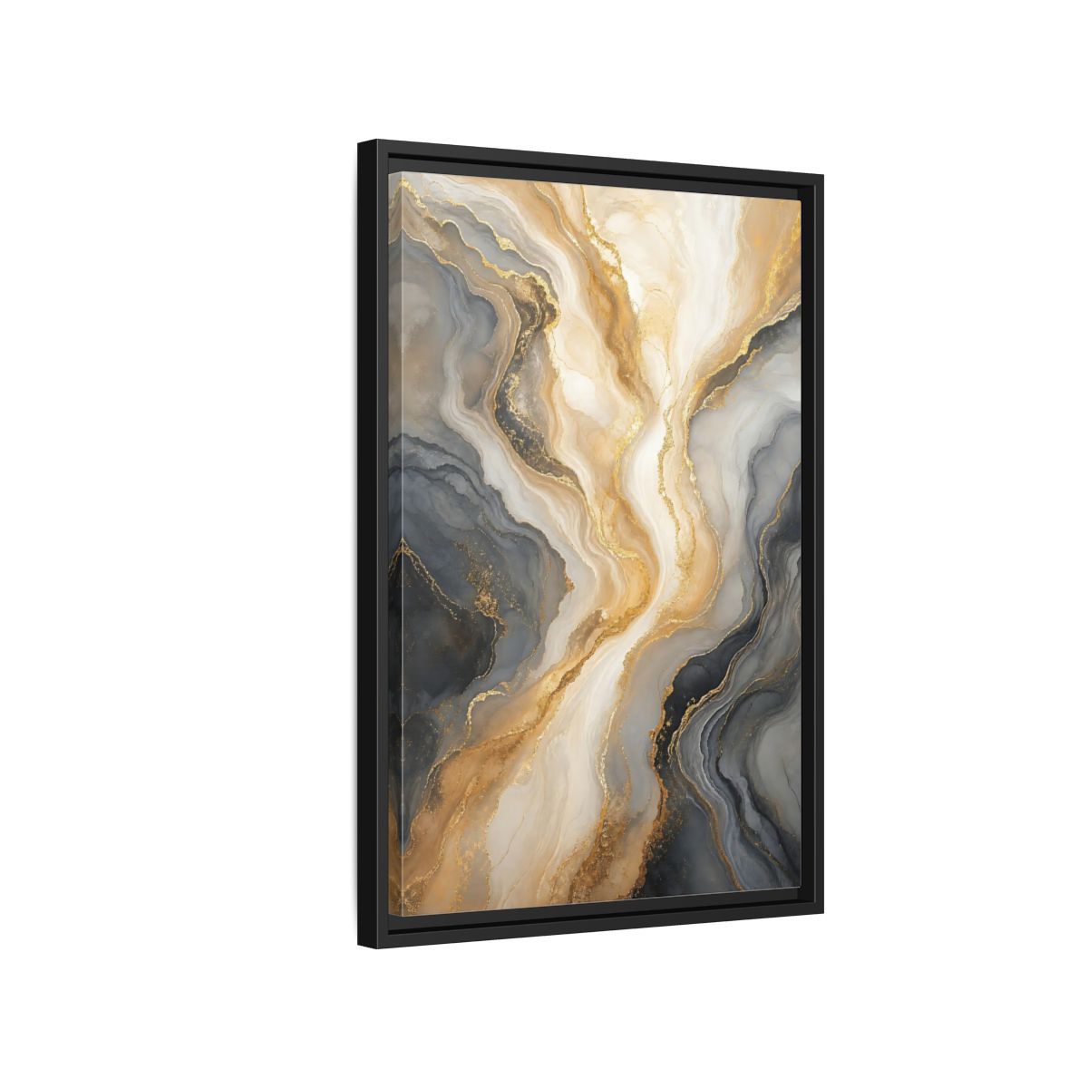 Side Mockup 3. Abstract Abstract Swirl Gray Gold Marble shown as stretched canvas wall art