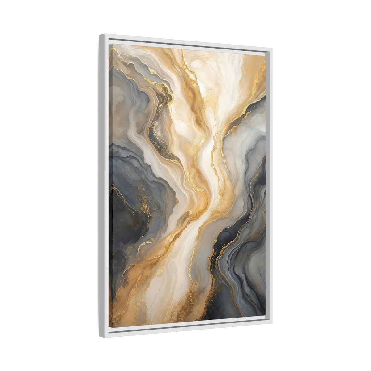 Side Mockup 10. Abstract Abstract Swirl Gray Gold Marble shown as stretched canvas wall art