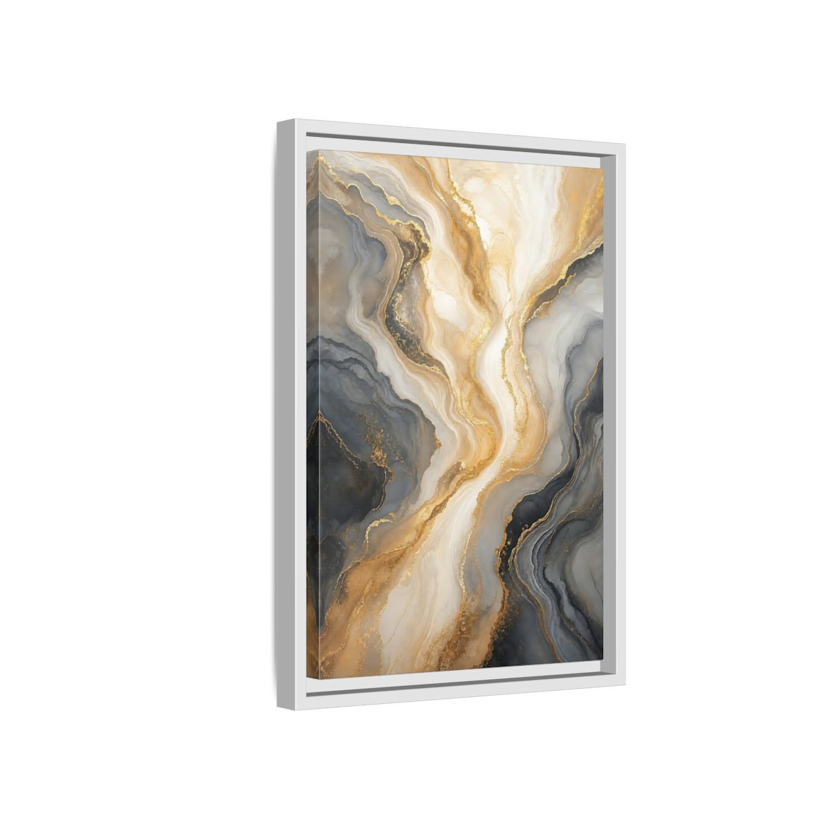 Side Mockup 4. Abstract Abstract Swirl Gray Gold Marble shown as stretched canvas wall art