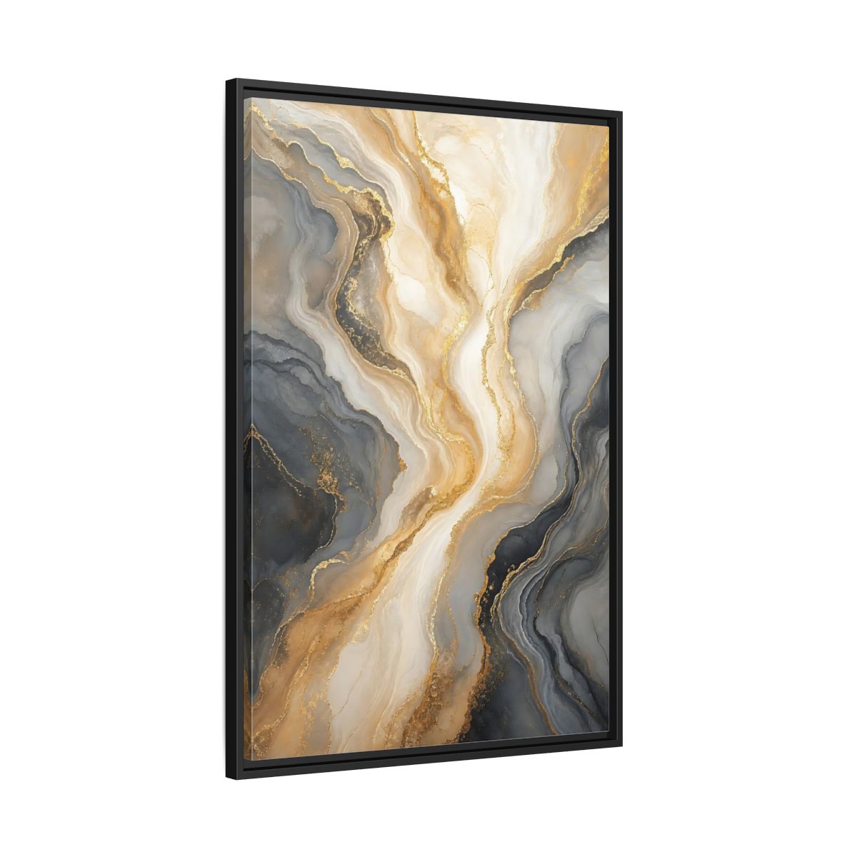 Side Mockup 13. Abstract Abstract Swirl Gray Gold Marble shown as stretched canvas wall art