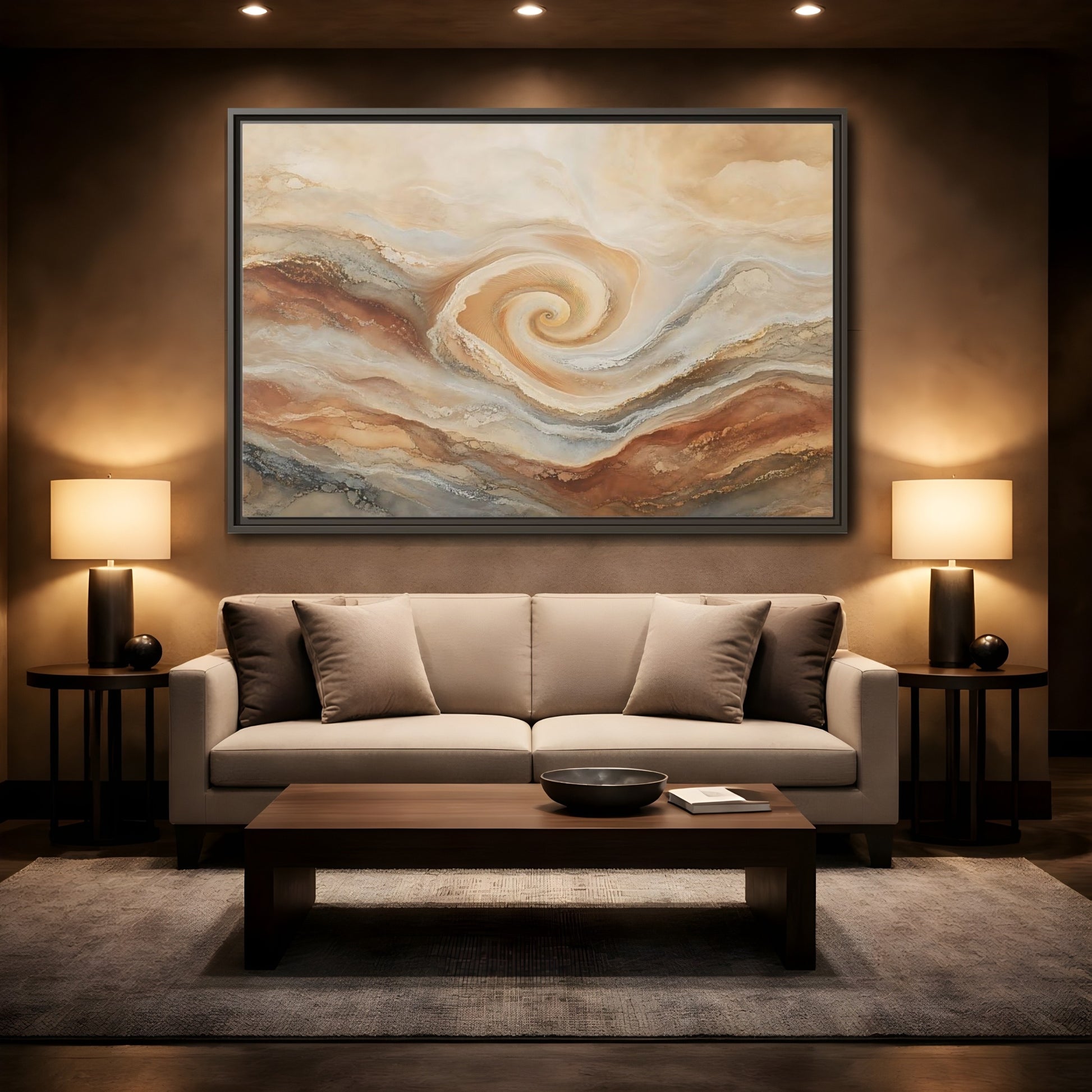 Mockup 2. Abstract Swirl Pattern Warm Swirl Abstract shown as stretched canvas wall art