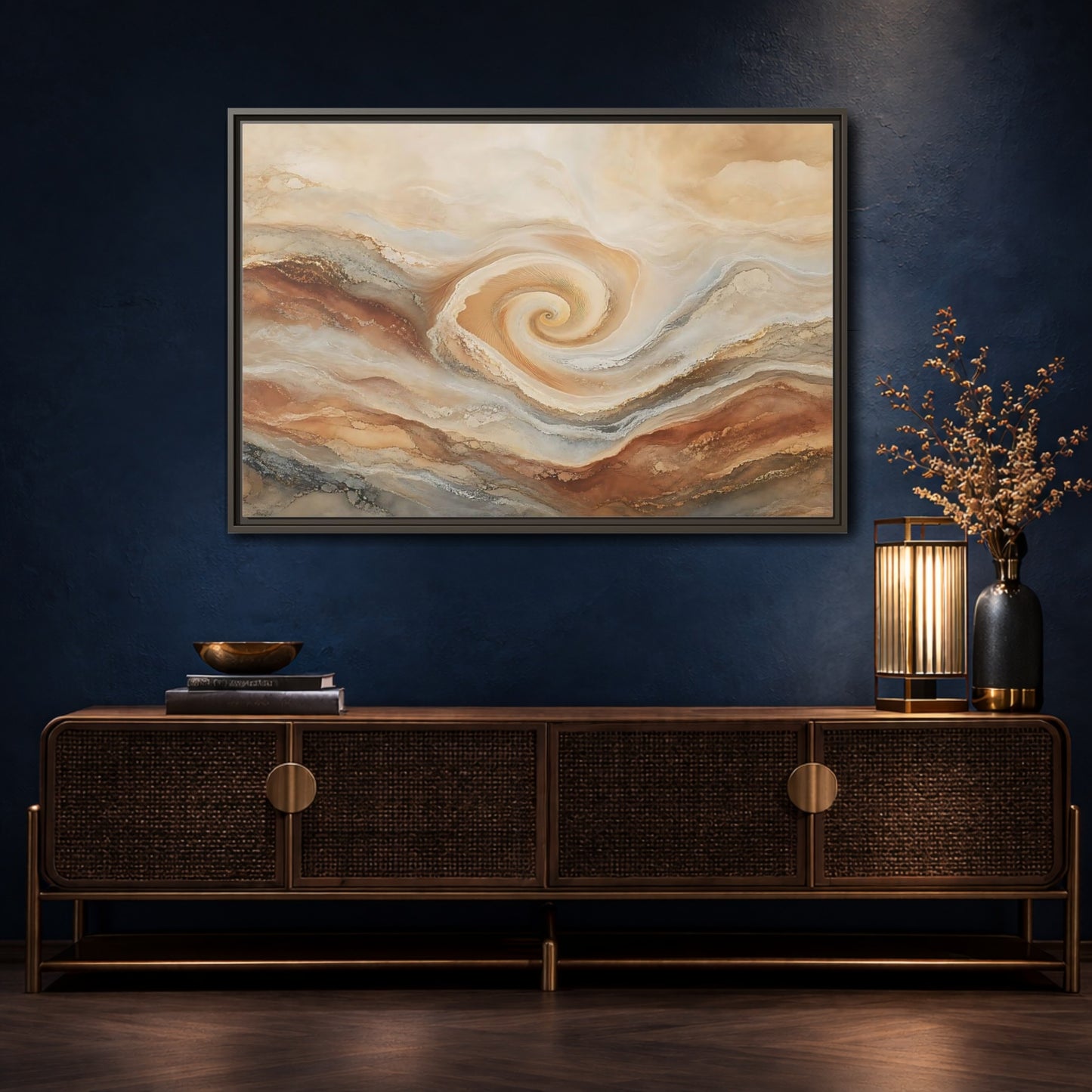 Mockup 4. Abstract Swirl Pattern Warm Swirl Abstract shown as stretched canvas wall art