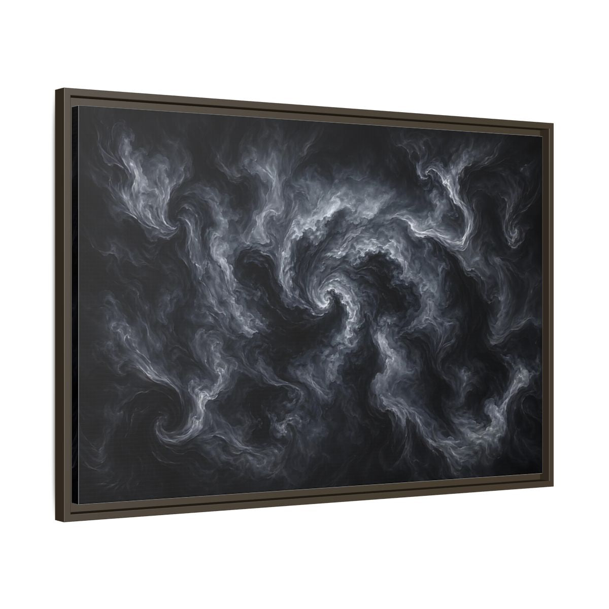 Main Mockup. Abstract Swirling Smoke Dark Grey Swirls shown as stretched canvas wall art